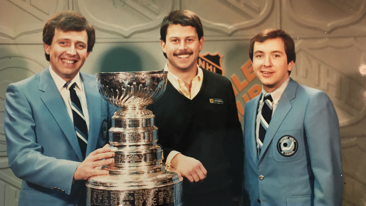 (Left to right): Edmonton Hockey Night in Canada host John Wells, CFL running back Neil Lumsden and John Shannon in 1985. 